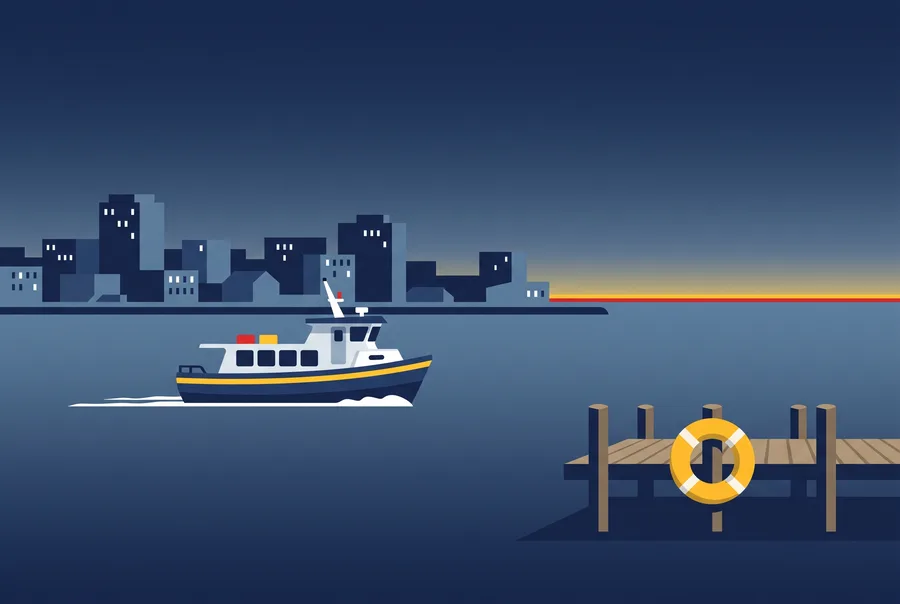 Illustration: a small white and navy passenger ferry crossing a calm harbour at dusk, a pier with a yellow life ring in the foreground.